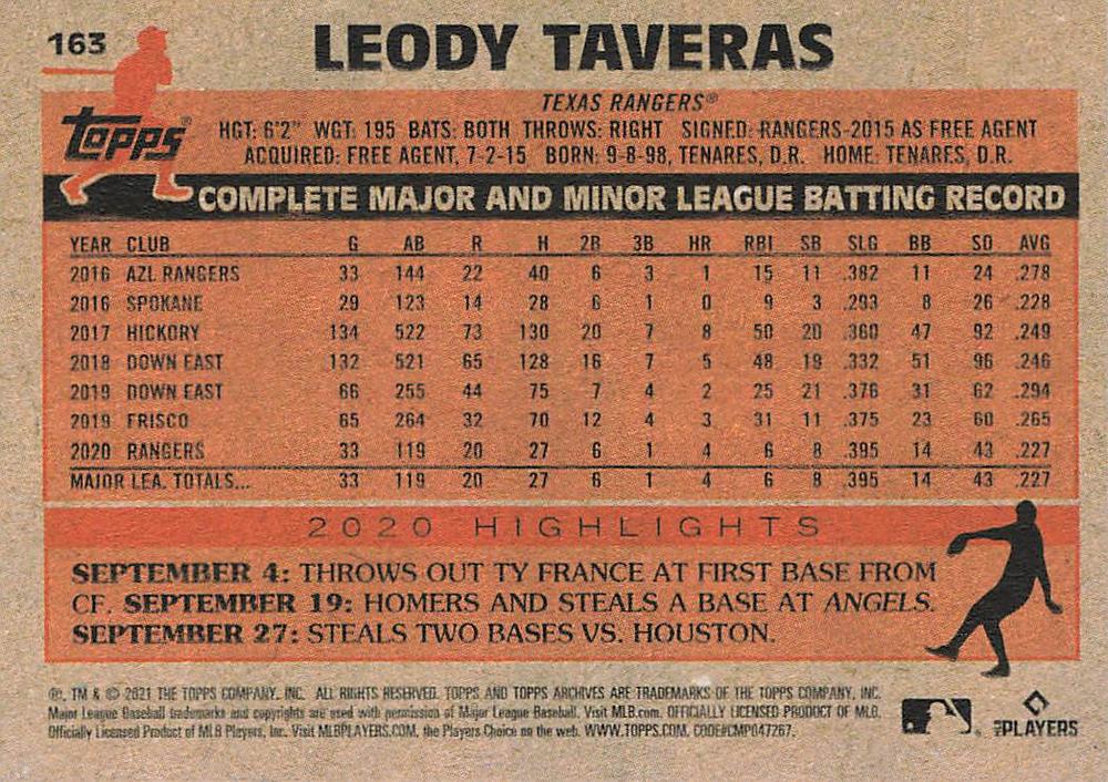 2021 Topps Archives Leody Taveras #163 Texas Rangers