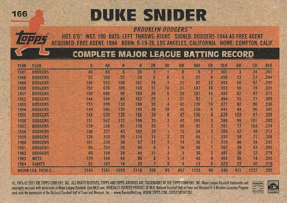 2021 Topps Archives Duke Snider #166 Brooklyn Dodgers