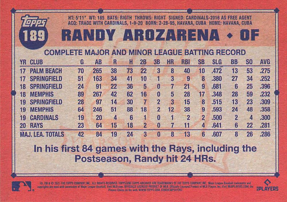 2021 Topps Archives Randy Arozarena #189 Tampa Bay Rays