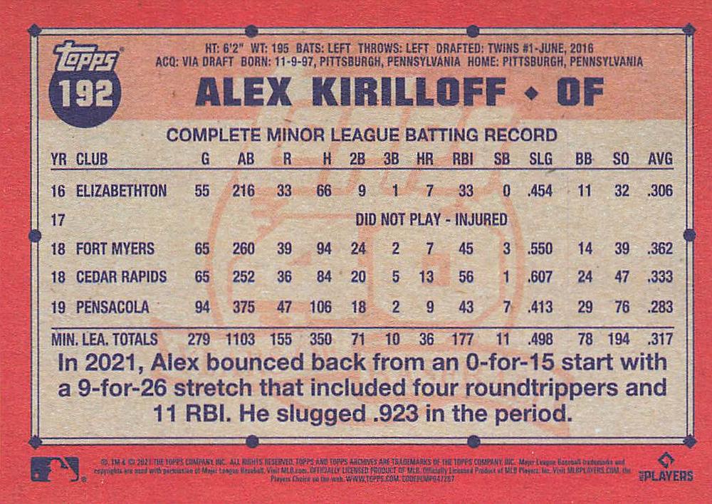 2021 Topps Archives Alex Kirilloff RC #192 Minnesota Twins