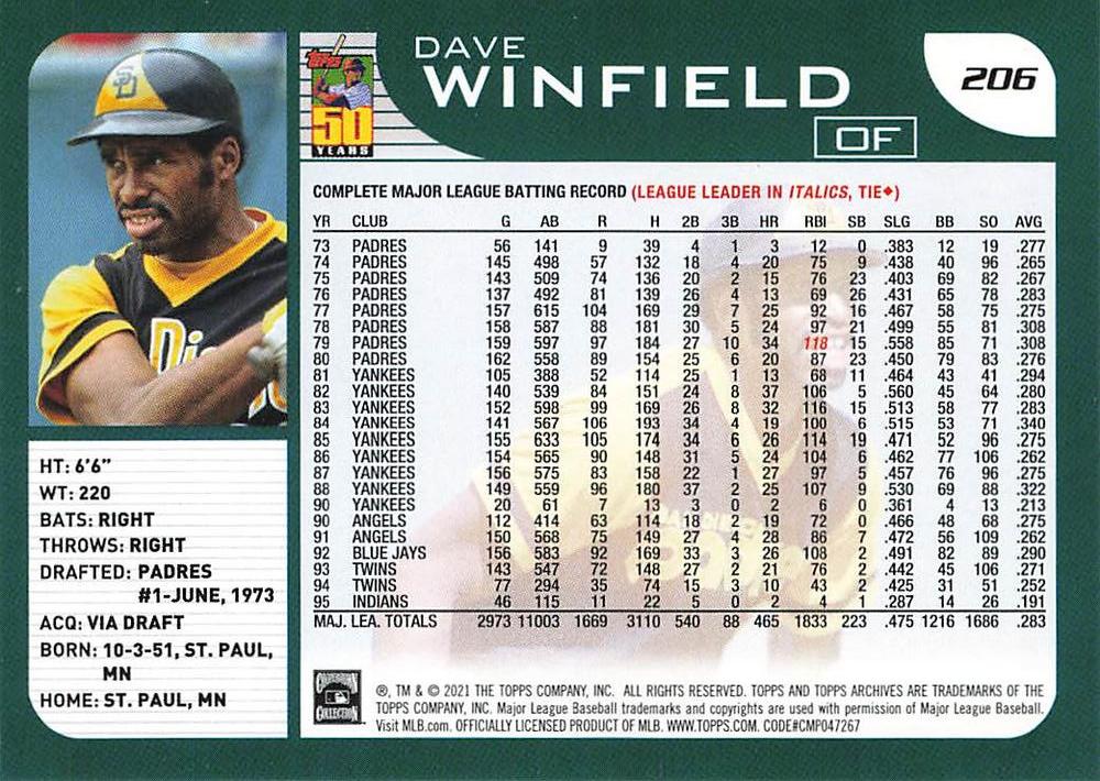 2021 Topps Archives Dave Winfield #206 San Diego Padres