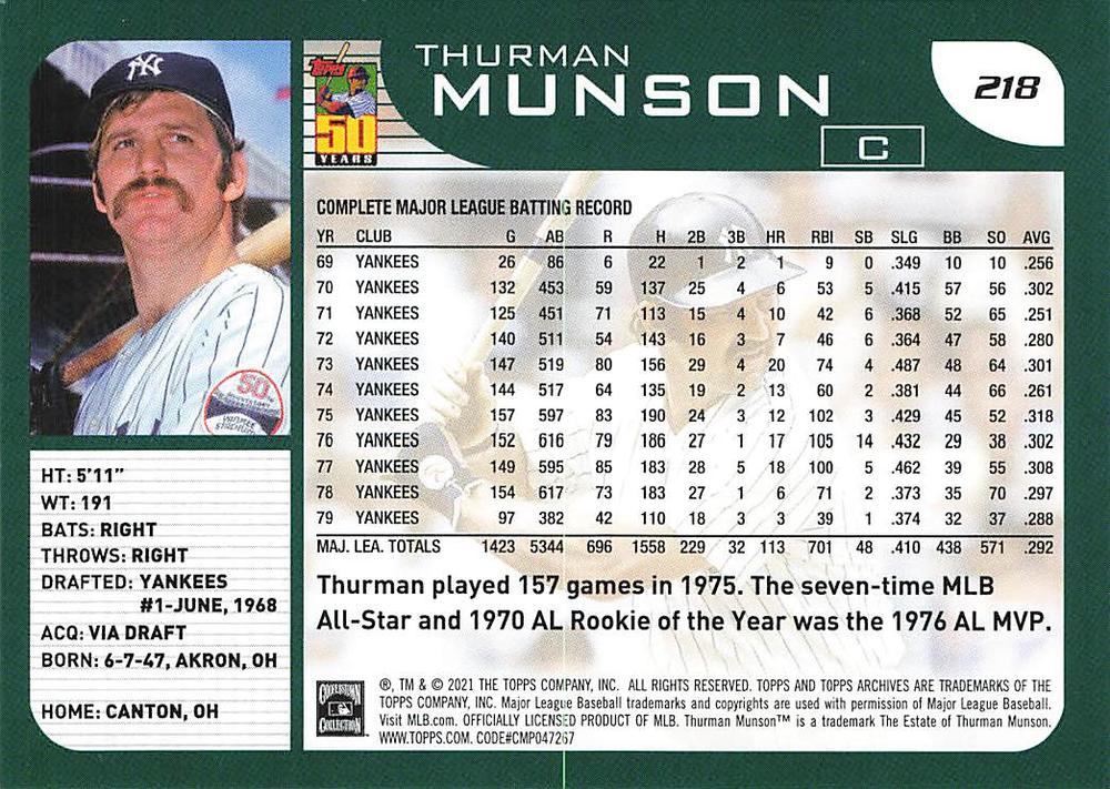 2021 Topps Archives Thurman Munson #218 New York Yankees