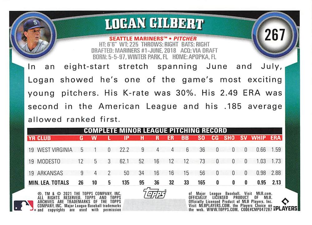 2021 Topps Archives Logan Gilbert RC #267 Seattle Mariners