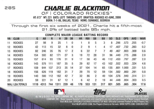 2021 Topps Archives Charlie Blackmon #285 Colorado Rockies