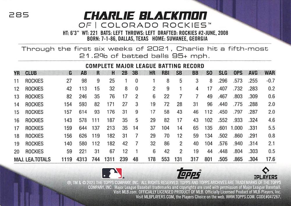 2021 Topps Archives Charlie Blackmon #285 Colorado Rockies