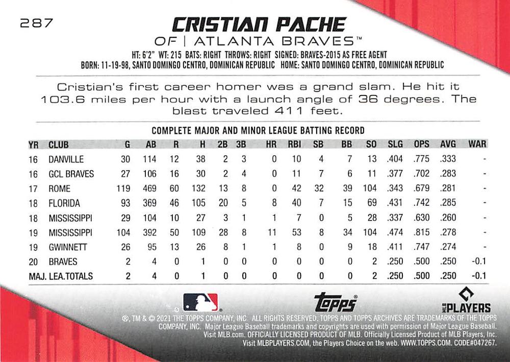 2021 Topps Archives Cristian Pache RC #287 Atlanta Braves