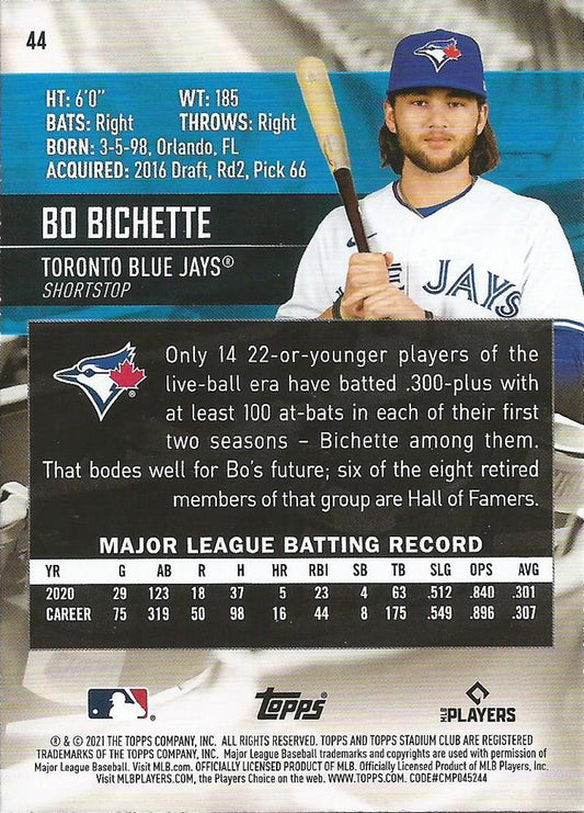 2021 Stadium Club Bo Bichette #44 Toronto Blue Jays