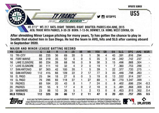 2021 Topps Update Ty France US5 Seattle Mariners