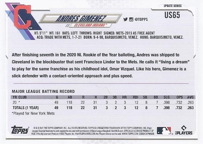 2021 Topps Update Andres Gimenez Rookie US65 Cleveland Indians