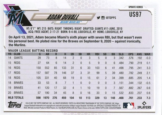 2021 Topps Update Adam Duvall US97 Miami Marlins
