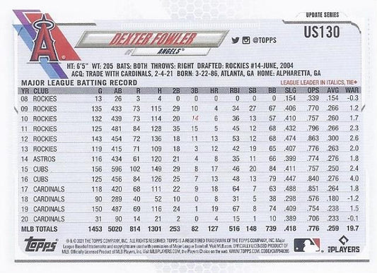 2021 Topps Update Dexter Fowler US130 Angels