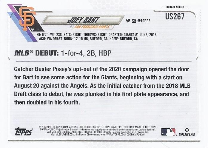2021 Topps Update Joey Bart Rookie Debut US267 San Francisco Giants