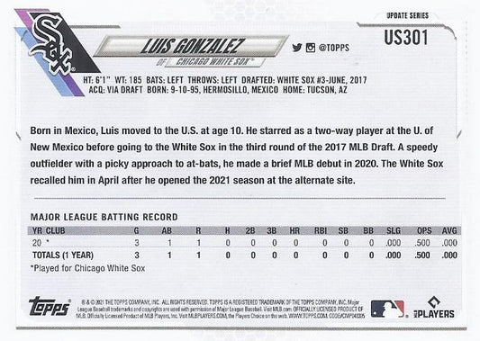 2021 Topps Update Luis Gonzalez Rookie US301 Chicago White Sox