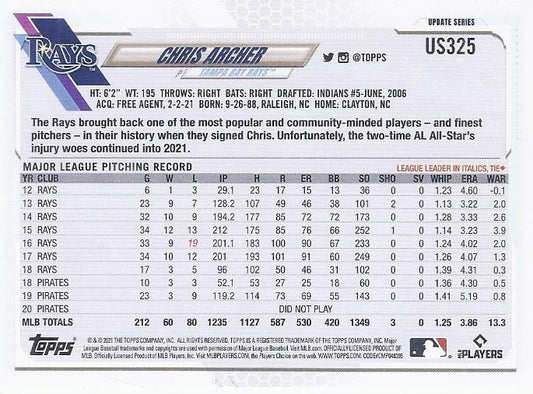 2021 Topps Update Chris Archer US325 Tampa Bay Rays