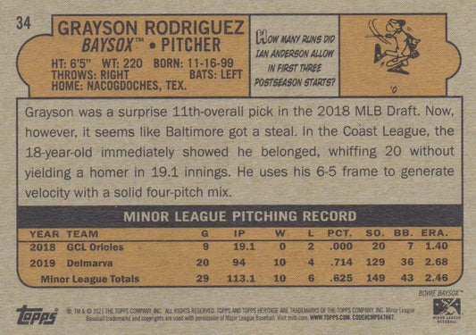 2021 Topps Heritage Minor League Grayson Rodriguez #34 Bowie Baysox
