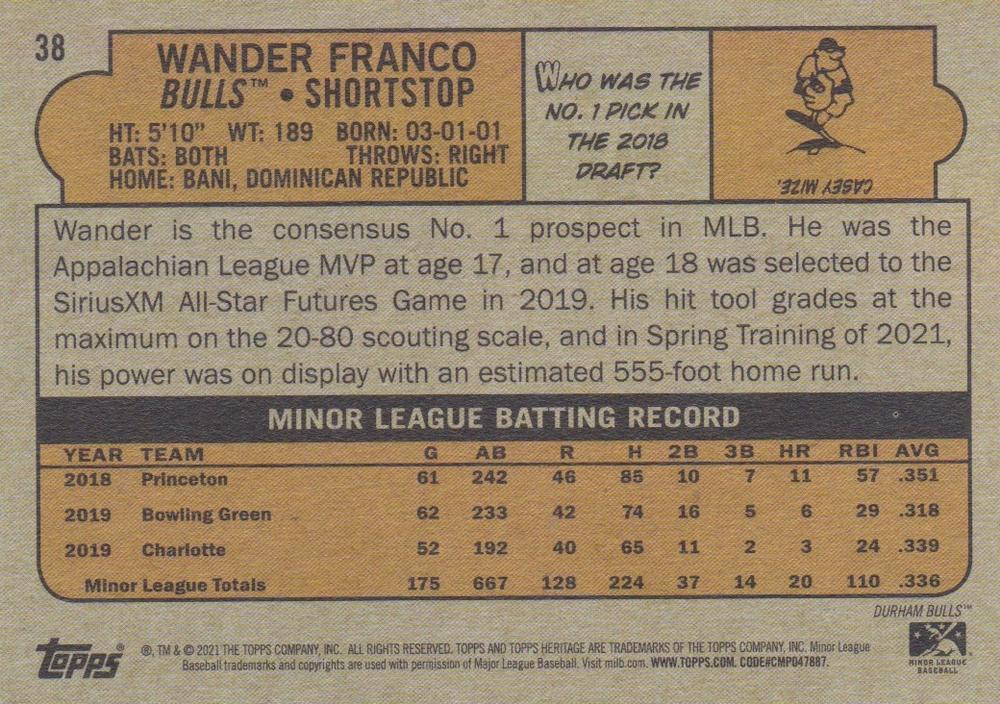 2021 Topps Heritage Minor League Wander Franco #38 Durham Bulls