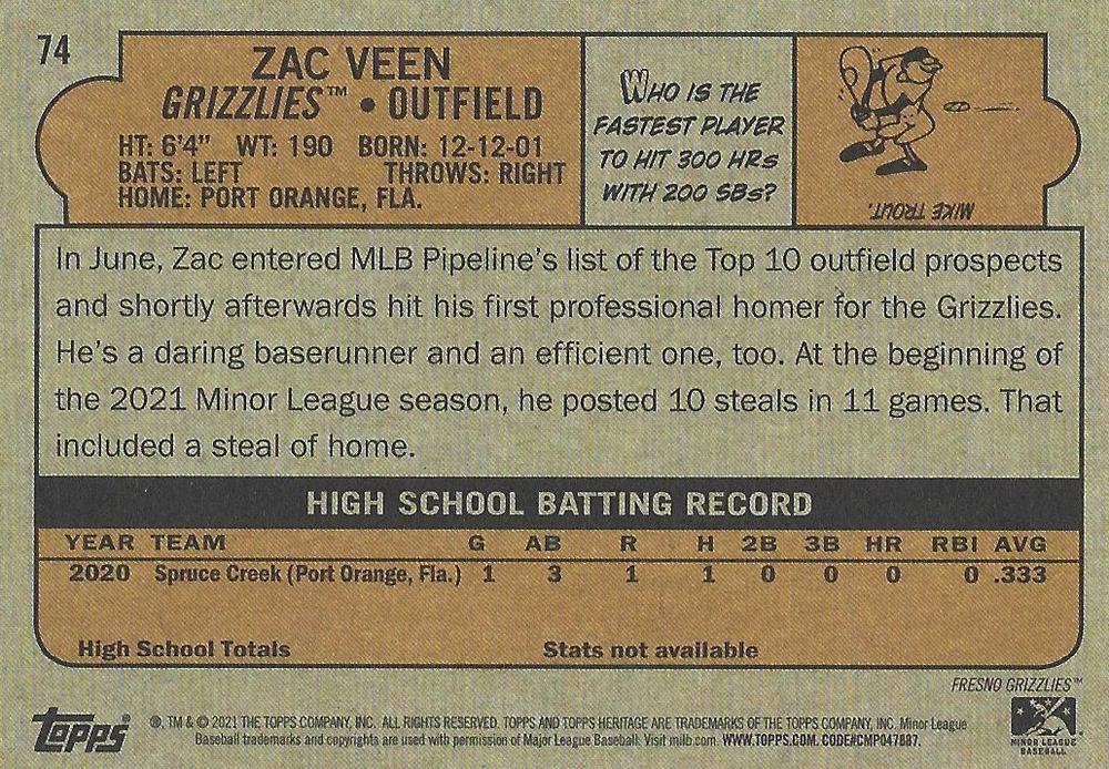 2021 Topps Heritage Minor League Zac Veen #74 Fresno Grizzlies