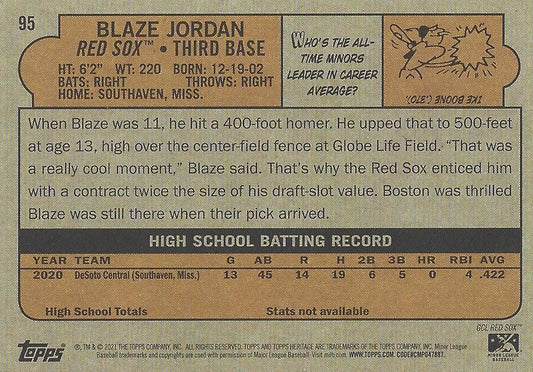 2021 Topps Heritage Minor League Blaze Jordan #95 GCL Red Sox