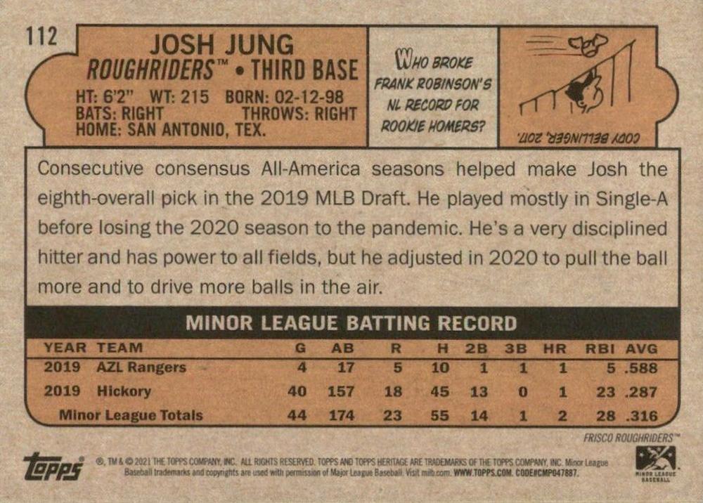 2021 Topps Heritage Minor League Josh Jung #112 Frisco RoughRiders