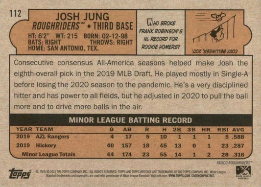 2021 Topps Heritage Minor League Josh Jung #112 Frisco RoughRiders