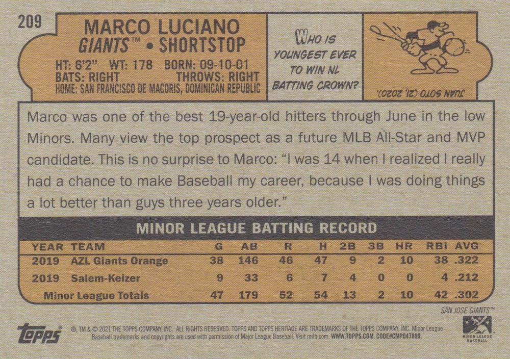 2021 Topps Heritage Minor League Marco Luciano #209 San Jose Giants