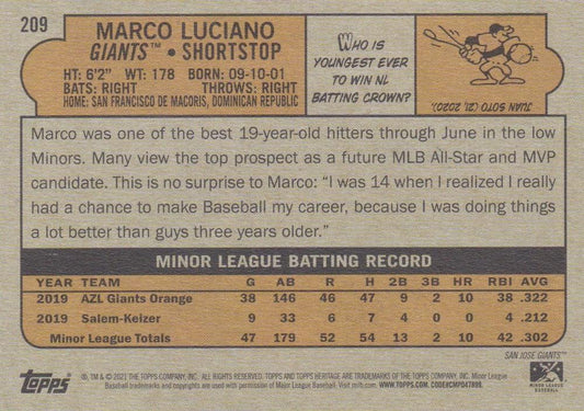 2021 Topps Heritage Minor League Marco Luciano #209 San Jose Giants