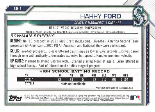2021 Bowman Draft Harry Ford FBC 1st Bowman BD-1 Seattle Mariners