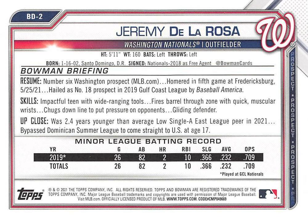 2021 Bowman Draft Jeremy De La Rosa BD-2 Washington Nationals