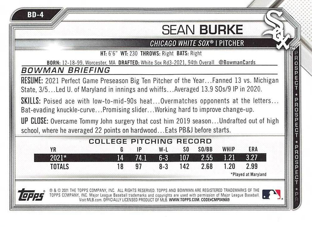 2021 Bowman Draft Sean Burke FBC 1st Bowman BD-4 Chicago White Sox