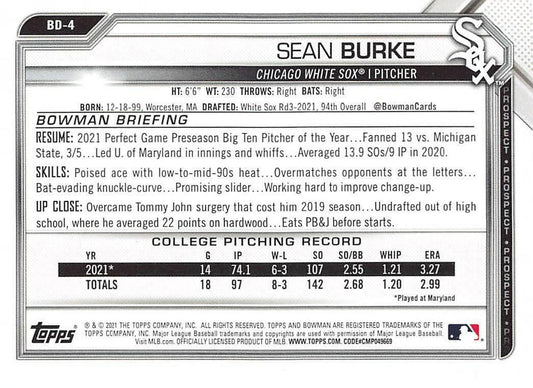 2021 Bowman Draft Sean Burke FBC 1st Bowman BD-4 Chicago White Sox