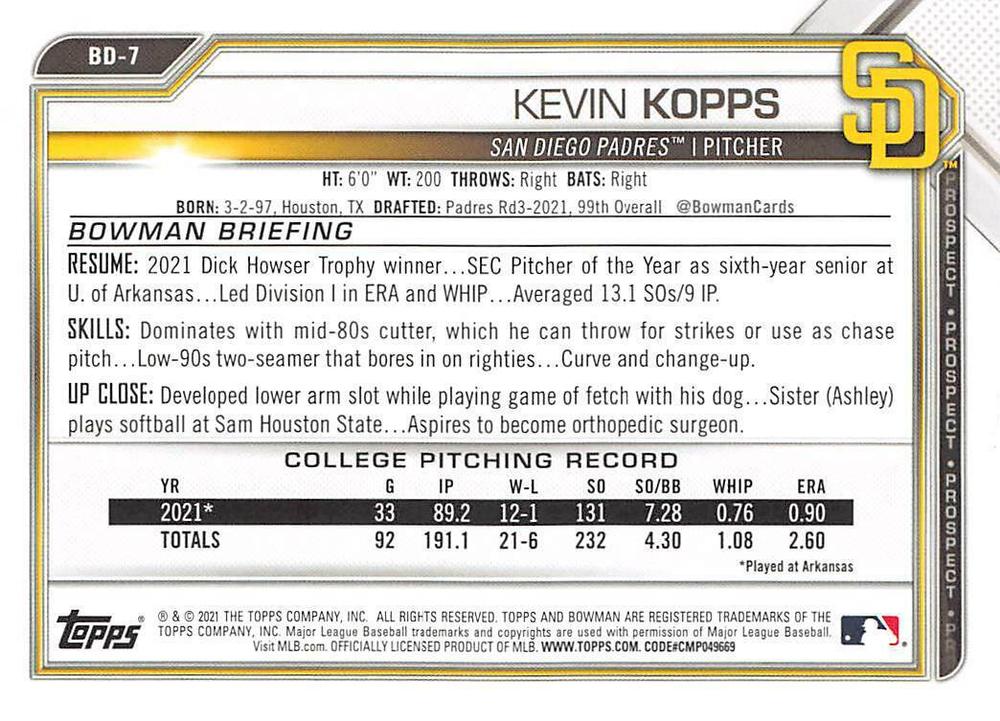 2021 Bowman Draft Kevin Kopps FBC 1st Bowman BD-7 San Diego Padres