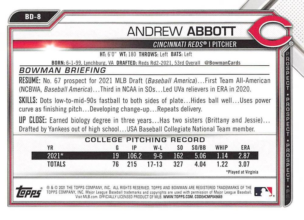 2021 Bowman Draft Andrew Abbott FBC 1st Bowman BD-8 Cincinnati Reds