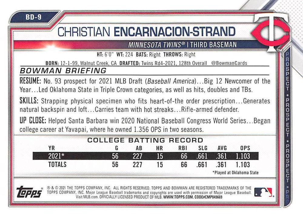 2021 Bowman Draft Christian Encarnacion-Strand FBC 1st Bowman BD-9 Minnesota Twins