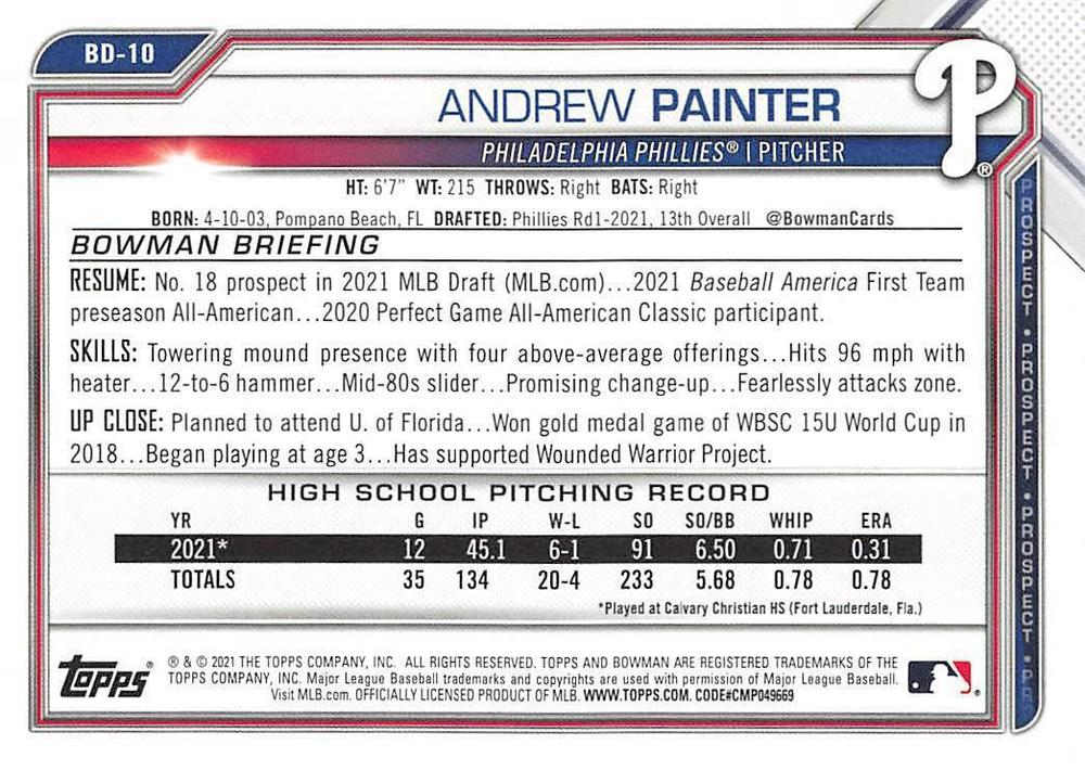 2021 Bowman Draft Andrew Painter FBC 1st Bowman BD-10 Philadelphia Phillies
