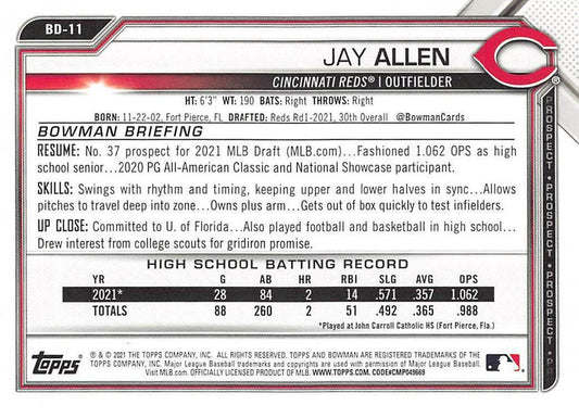2021 Bowman Draft Jay Allen FBC 1st Bowman BD-11 Cincinnati Reds