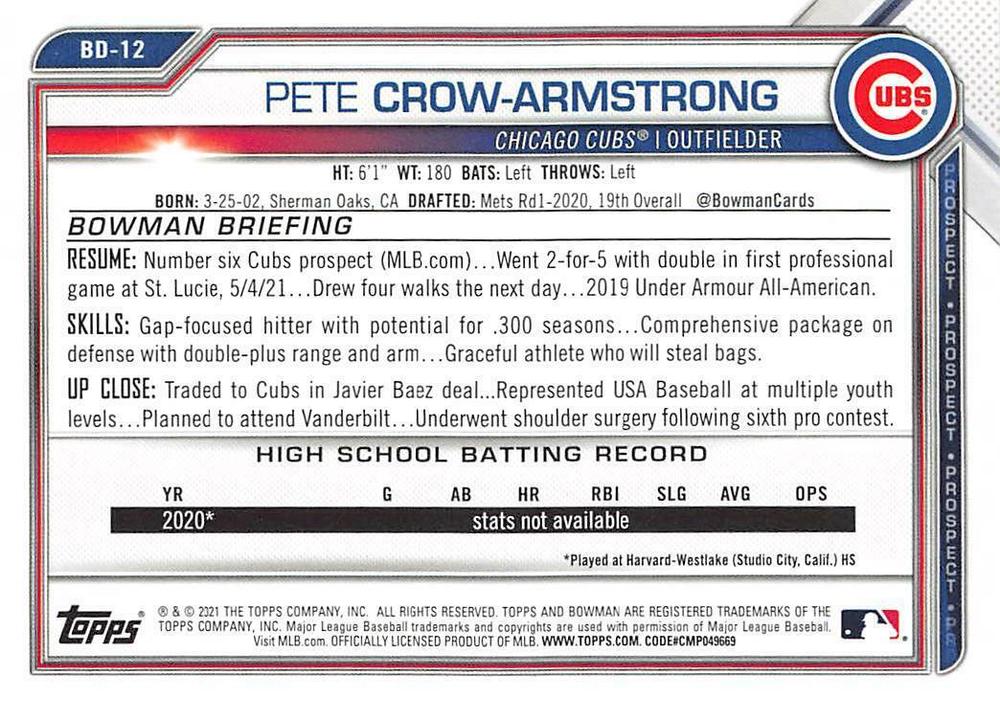 2021 Bowman Draft Pete Crow-Armstrong BD-12 Chicago Cubs