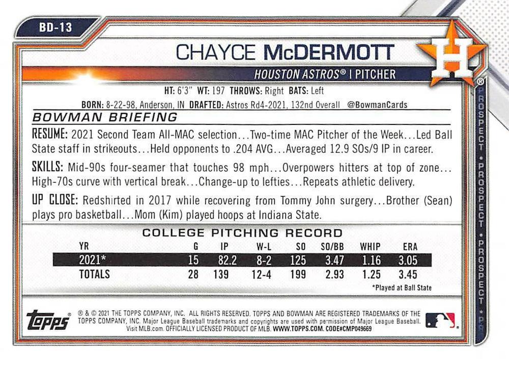 2021 Bowman Draft Chayce McDermott FBC 1st Bowman BD-13 Houston Astros