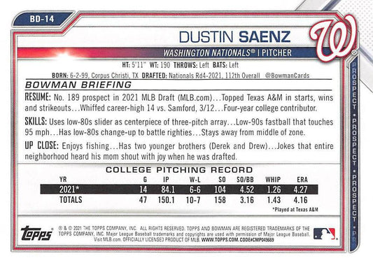 2021 Bowman Draft Dustin Saenz FBC 1st Bowman BD-14 Washington Nationals