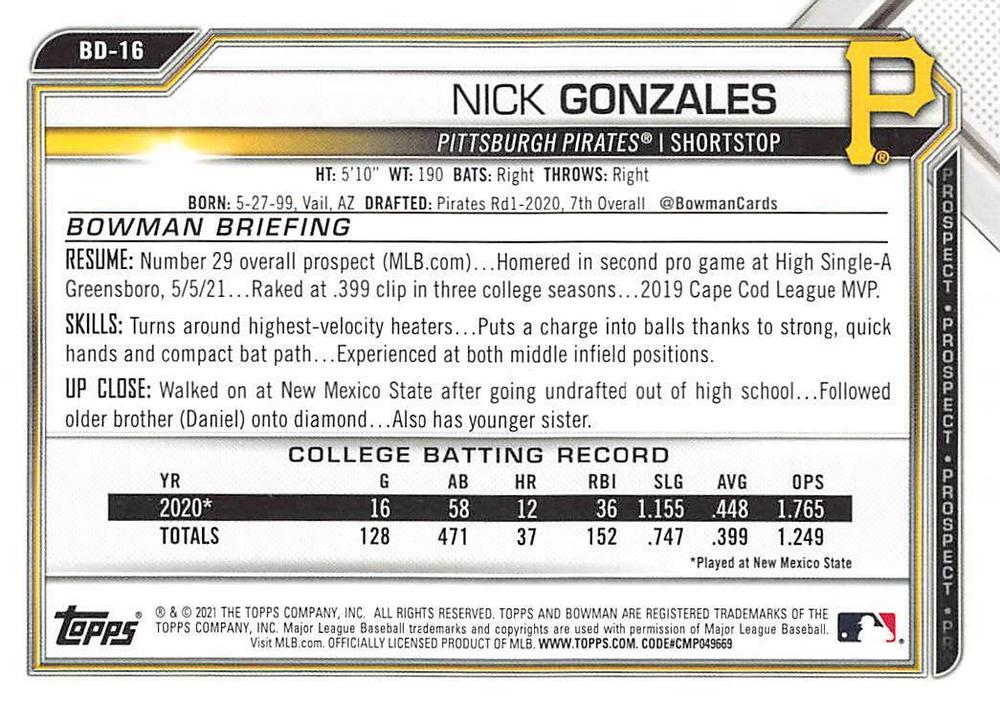 2021 Bowman Draft Nick Gonzales BD-16 Pittsburgh Pirates