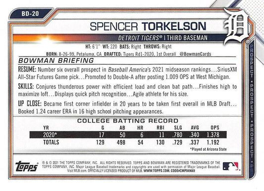 2021 Bowman Draft Spencer Torkelson BD-20 Detroit Tigers