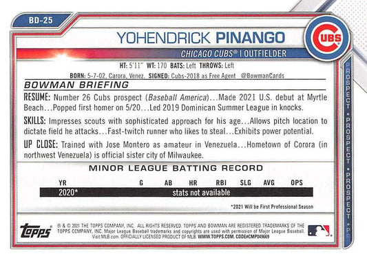 2021 Bowman Draft Yohendrick Pinango BD-25 Chicago Cubs