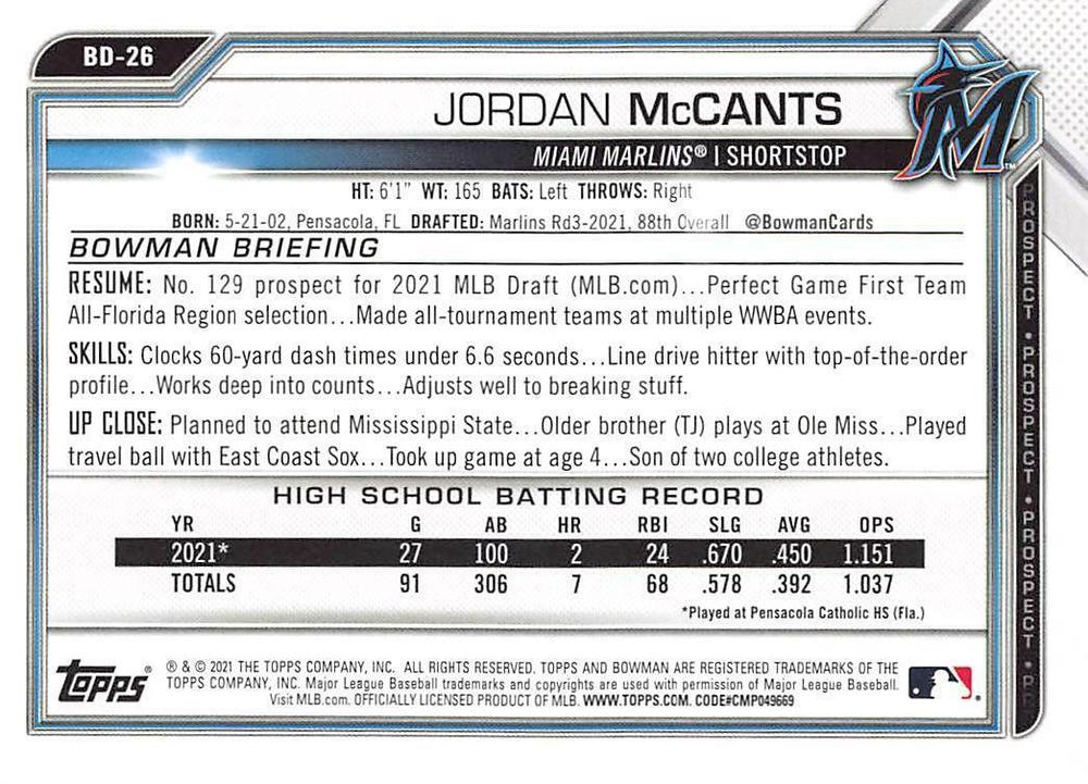 2021 Bowman Draft Jordan McCants FBC 1st Bowman BD-26 Miami Marlins