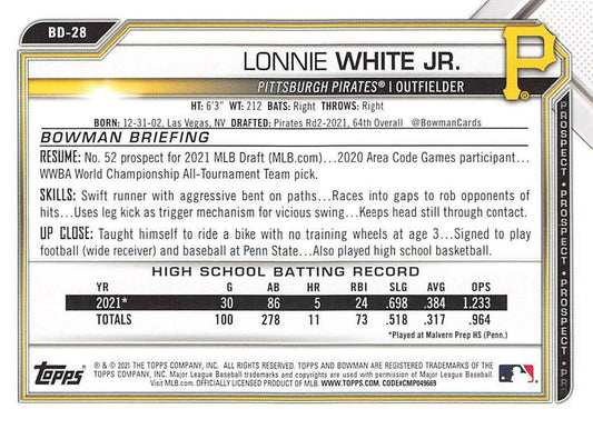 2021 Bowman Draft Lonnie White Jr. FBC 1st Bowman BD-28 Pittsburgh Pirates