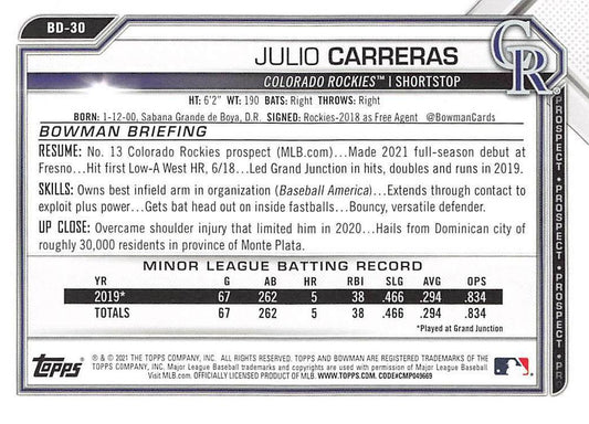 2021 Bowman Draft Julio Carreras BD-30 Colorado Rockies