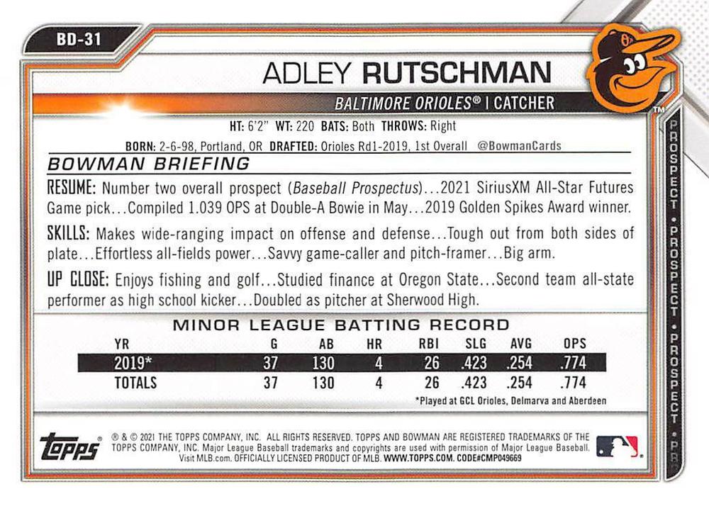 2021 Bowman Draft Adley Rutschman BD-31 Baltimore Orioles