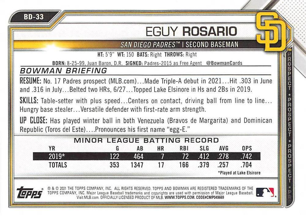 2021 Bowman Draft Eguy Rosario BD-33 San Diego Padres