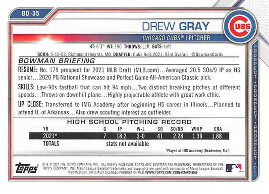 2021 Bowman Draft Drew Gray FBC 1st Bowman BD-35 Chicago Cubs