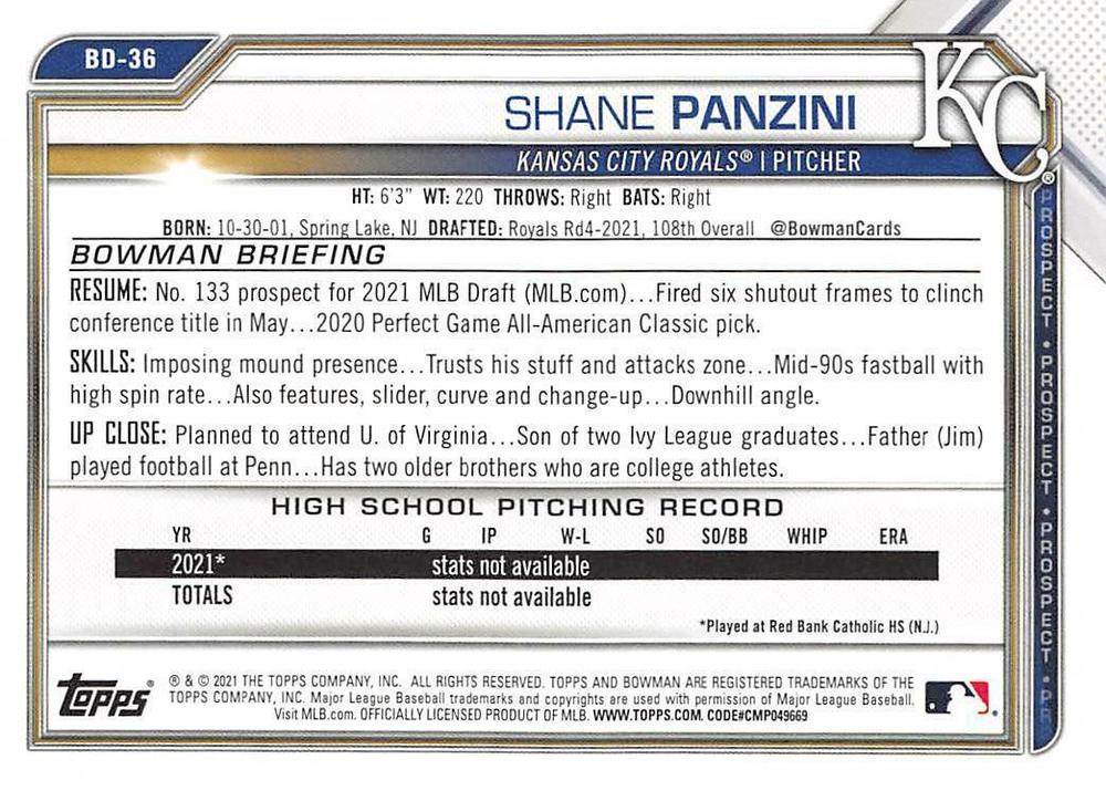 2021 Bowman Draft Shane Panzini FBC 1st Bowman BD-36 Kansas City Royals