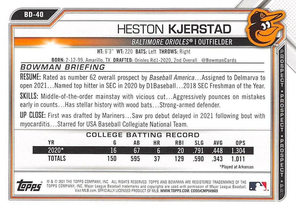 2021 Bowman Draft Heston Kjerstad BD-40 Baltimore Orioles