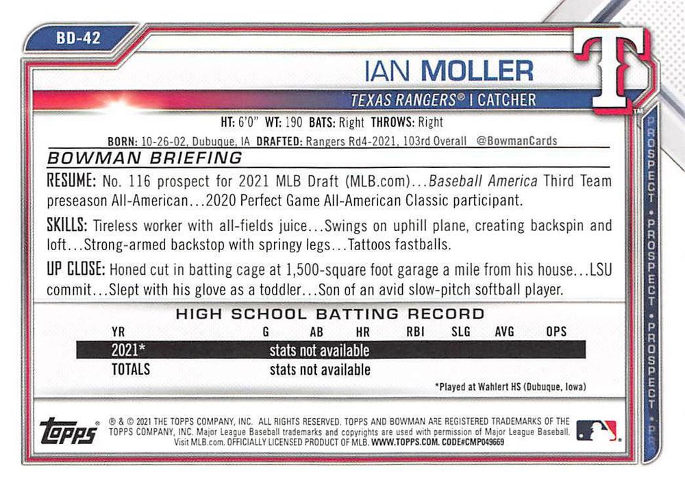 2021 Bowman Draft Ian Moller FBC 1st Bowman BD-42 Texas Rangers